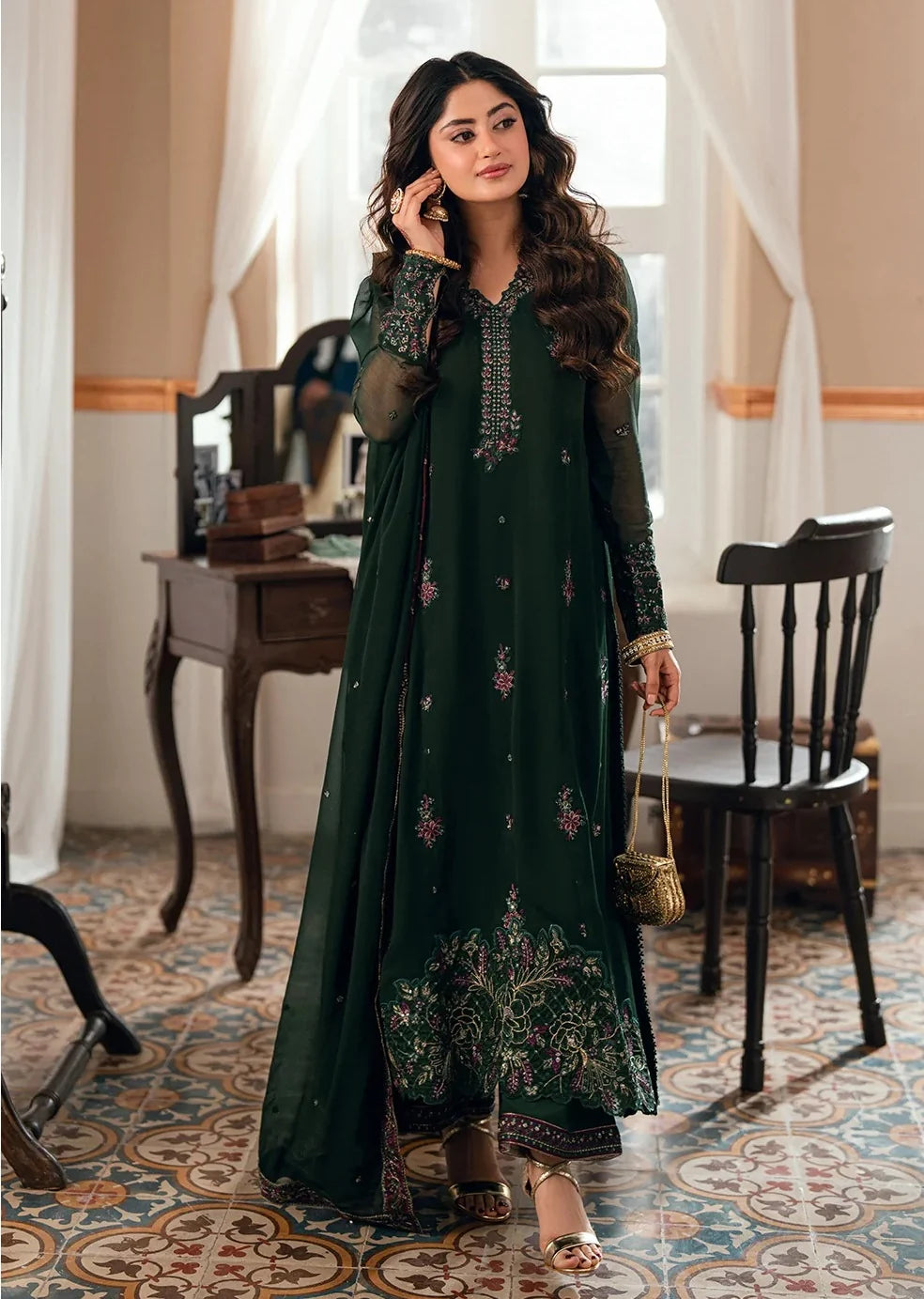 Azure Chiffon Embroidered 3 Piece Dress  - S059