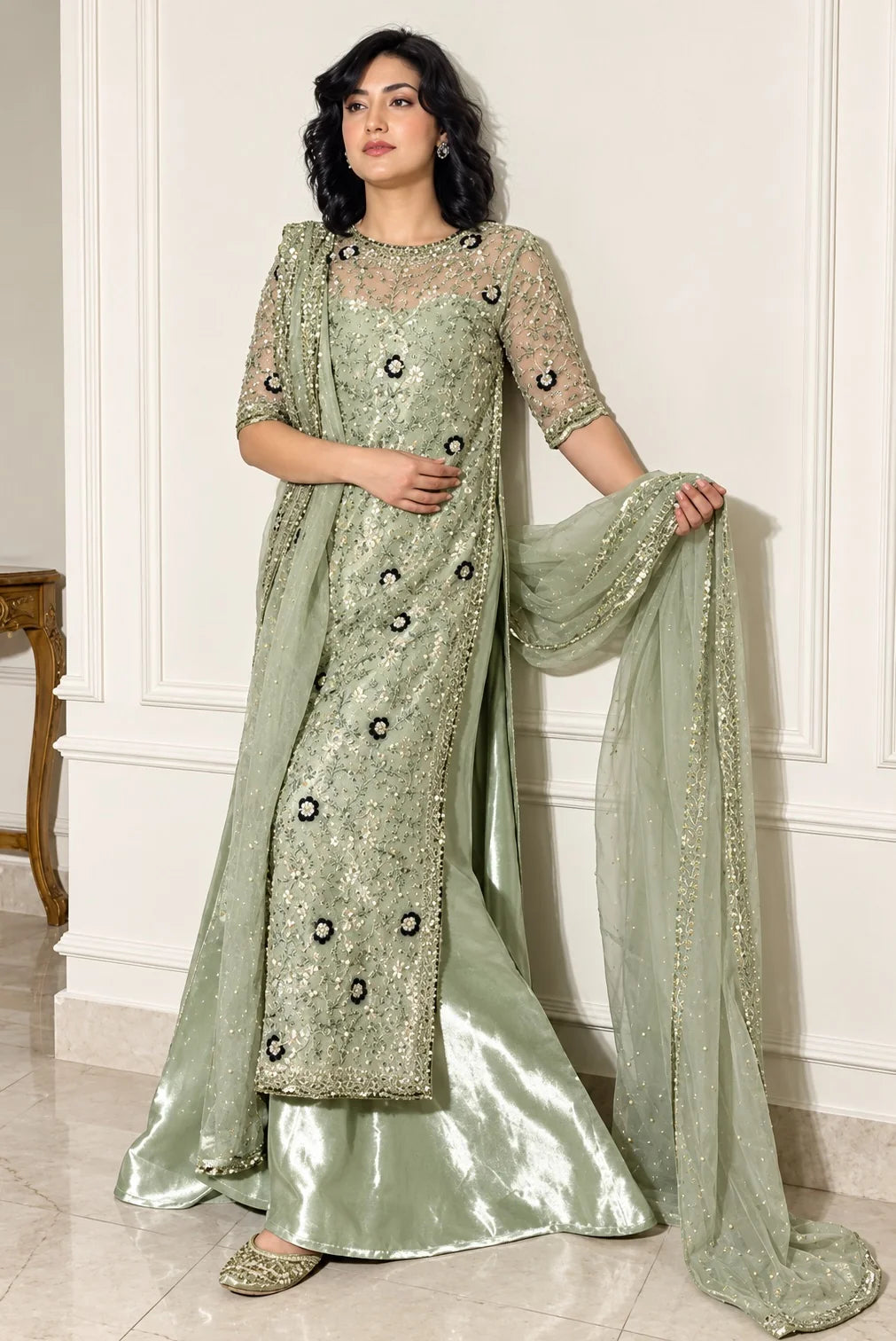 Haris shakeel Sheesha silk embroidered hand embellished 3 piece dress  - S051