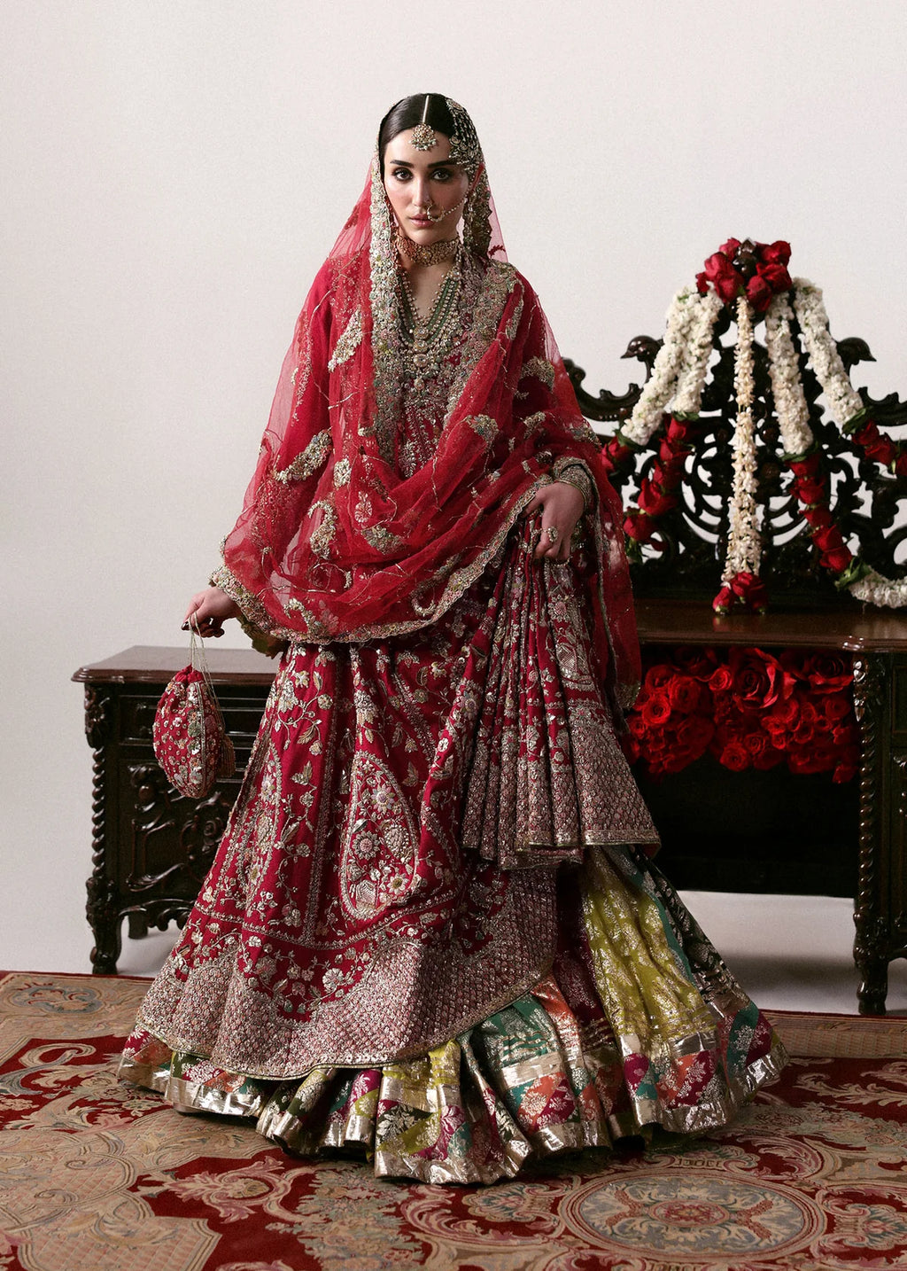Hussain Rehar Raw Silk Chandheri Lehanga 3 Piece Dress | S005