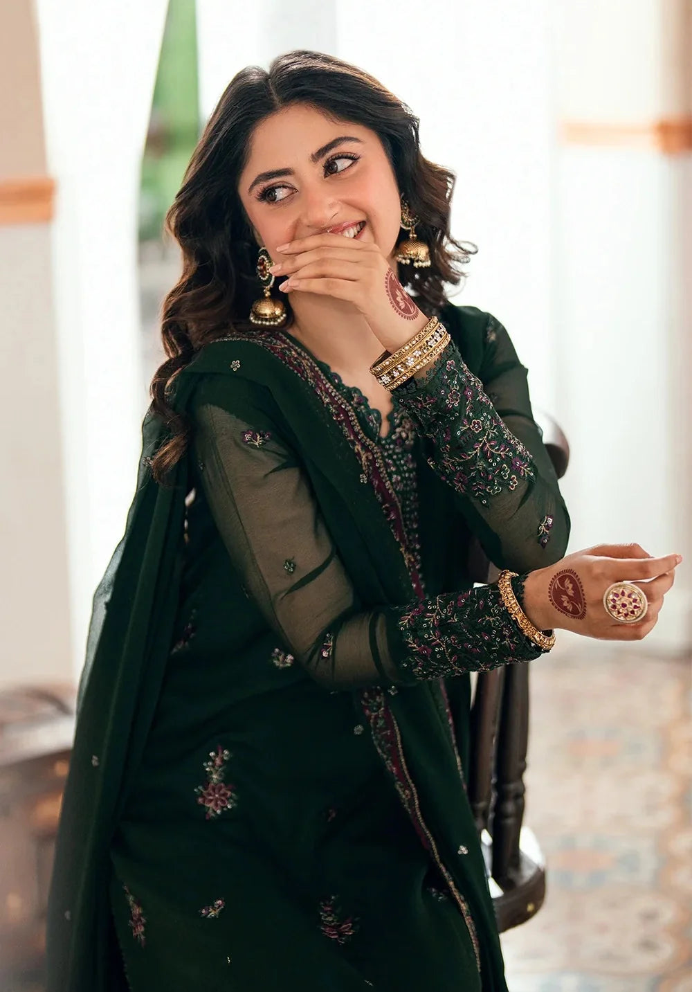 Azure Chiffon Embroidered 3 Piece Dress  - S059