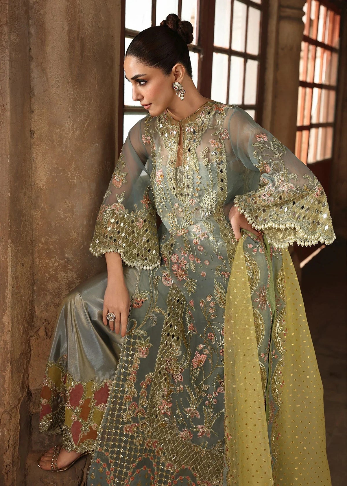 Crimson Chiffon Embroidered Hand Embellished 3 Piece Dress - S048