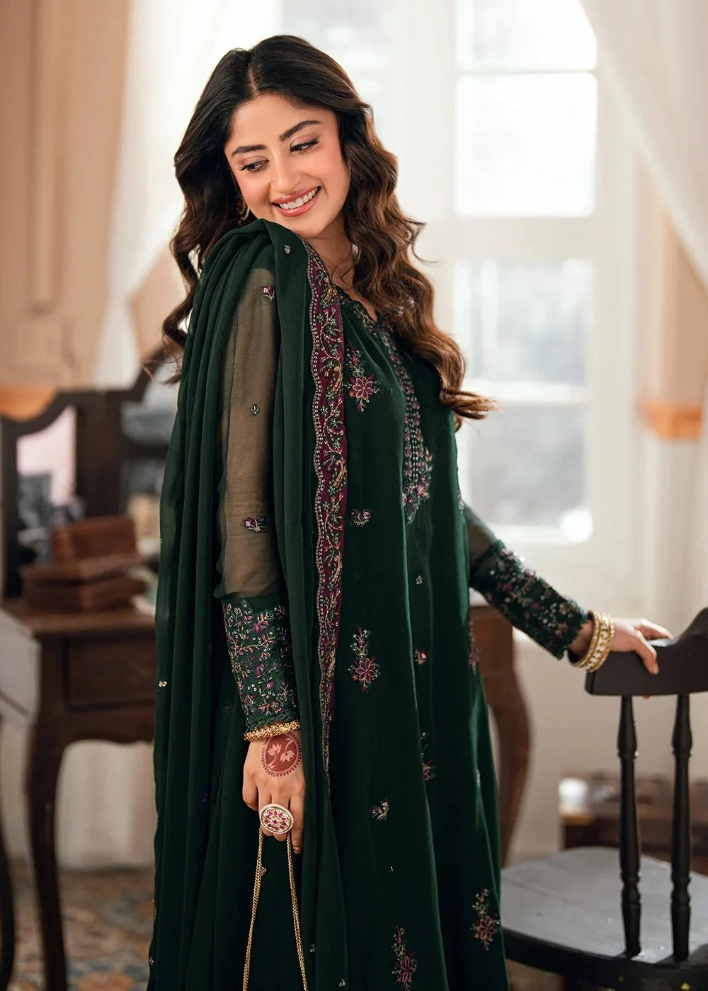 Azure Chiffon Embroidered 3 Piece Dress  - S059