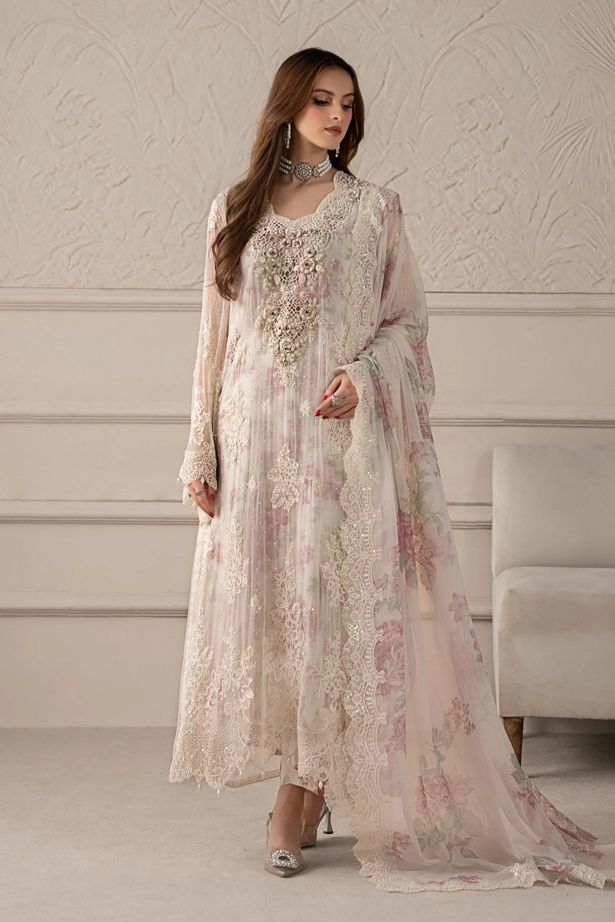 Maria B Chiffon Embrodiered & Digital Printed 4 Piece Dress - S061