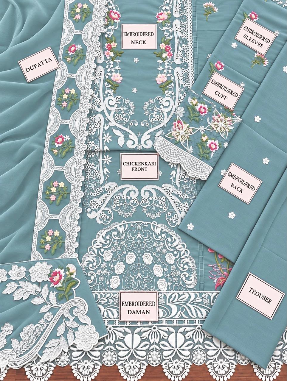 Elaf Luxury Dhanak Chikankari Embroidered  3 Piece Dress - S067