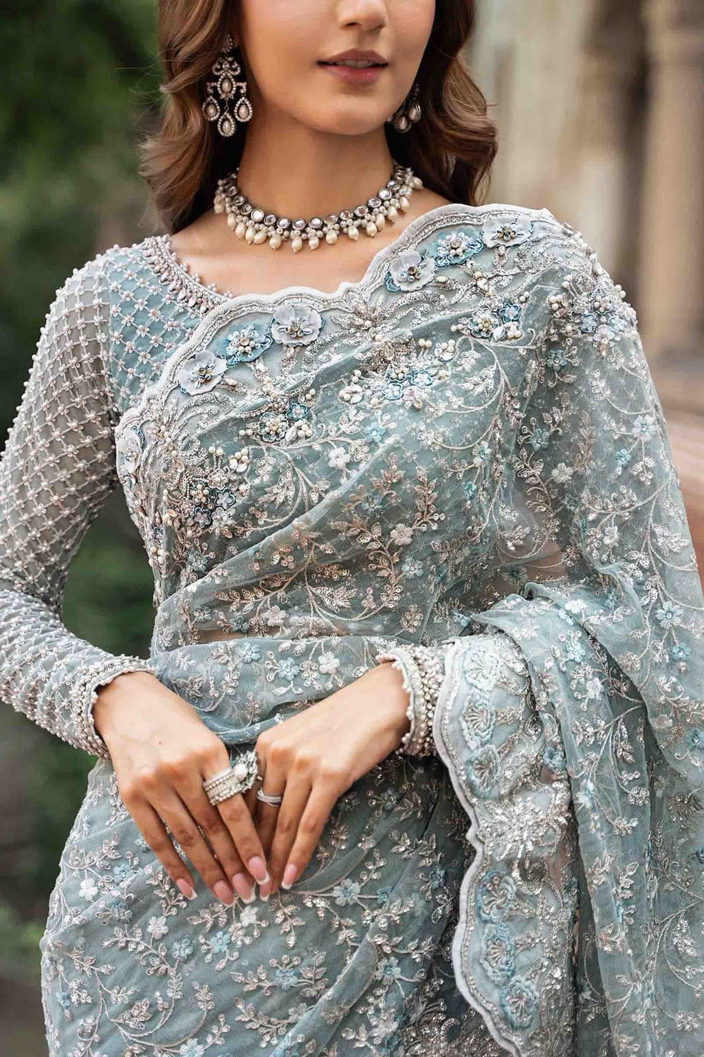 Maria.B Net Saree With Satin Trouser   - S073