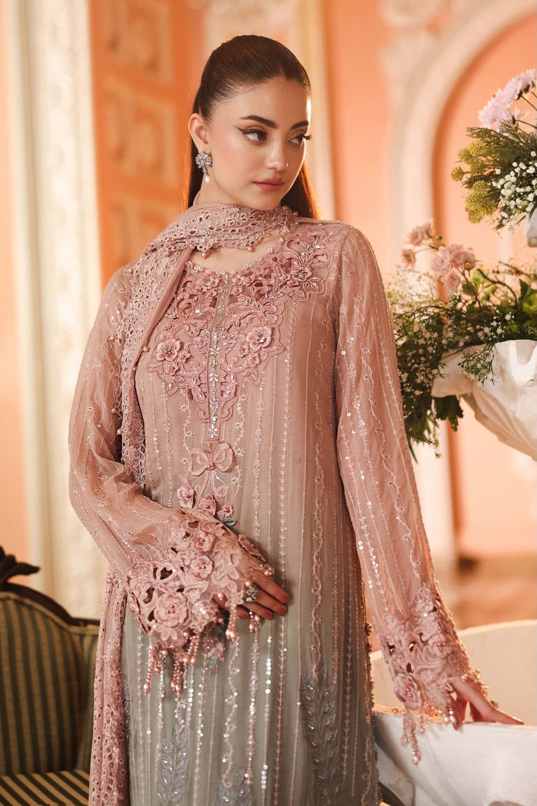 Maria B Chiffon Embrodiered & Digital Printed 4 Piece Dress - S077