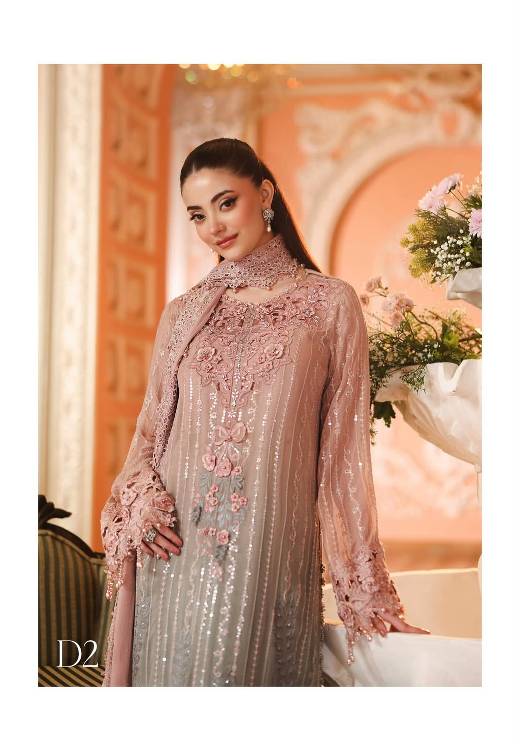 Maria B Chiffon Embrodiered & Digital Printed 4 Piece Dress - S077
