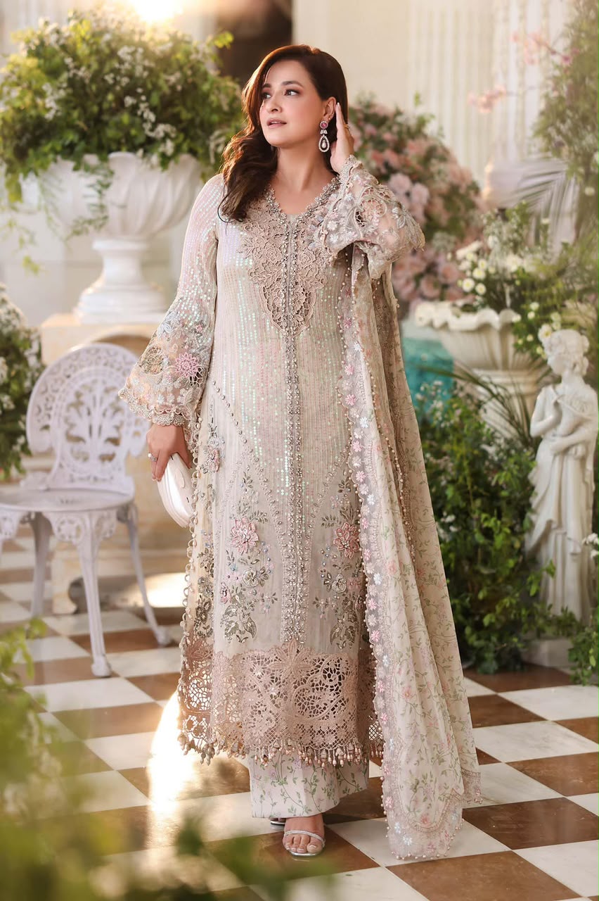 Maria B Chiffon Embrodiered & Digital Printed 4 Piece Dress - S078