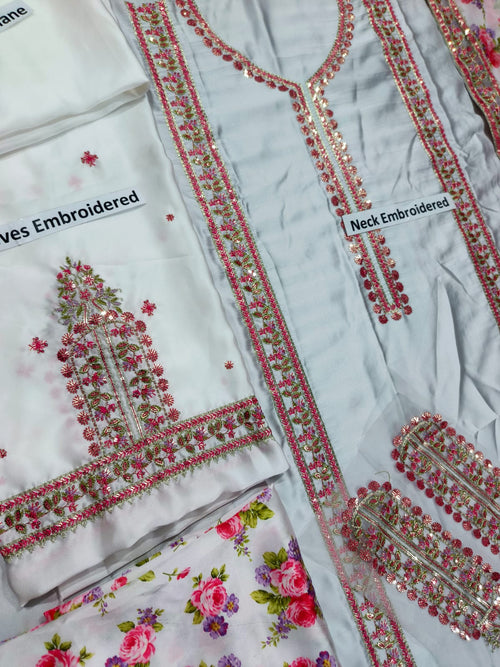 Aneelas Silk Embroidered & Printed 3 Piece Dress - S042