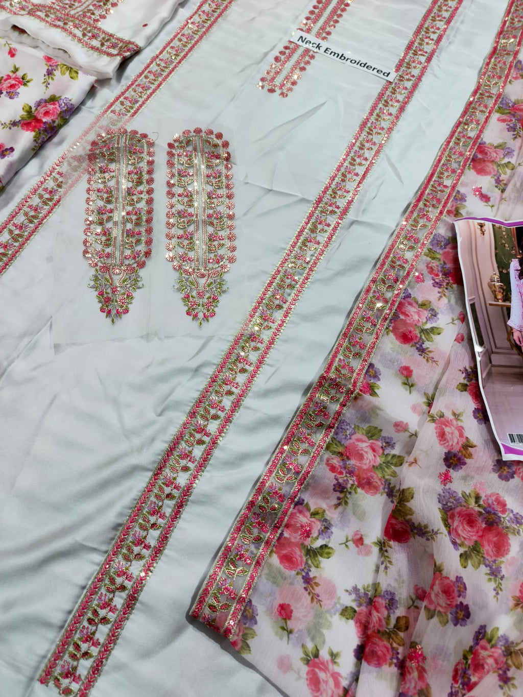 Aneelas Silk Embroidered & Printed 3 Piece Dress - S042